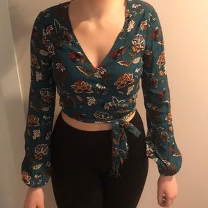 Teal floral wrap top